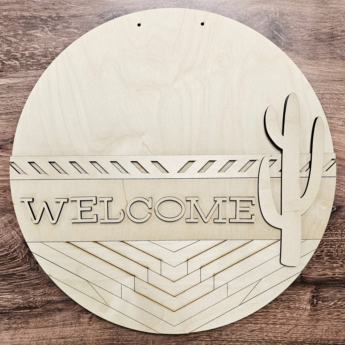 Welcome Cactus round wood sign