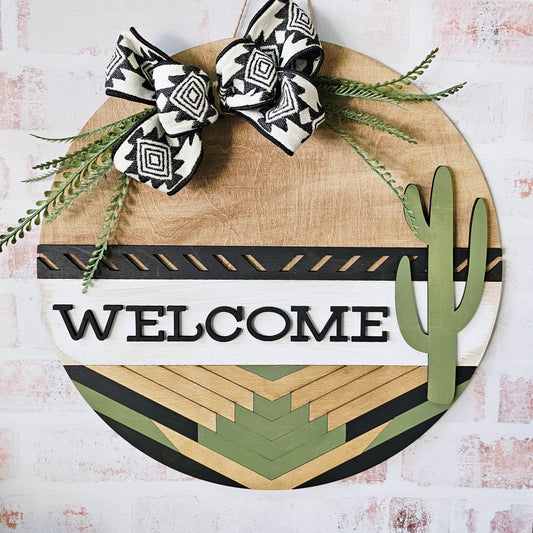 Welcome Cactus round wood sign