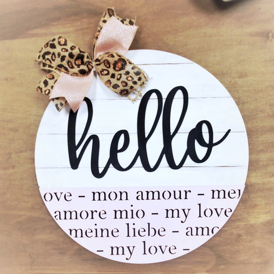 Hello Mon Amour round wood sign