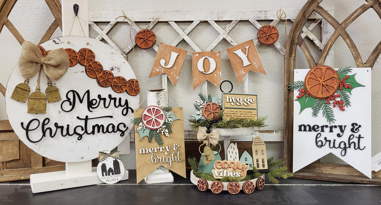 Bells and Citrus Christmas round wood sign