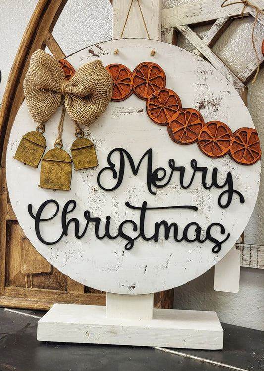 Bells and Citrus Christmas round wood sign