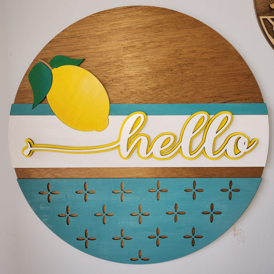 Hello Lemon round wood layered sign
