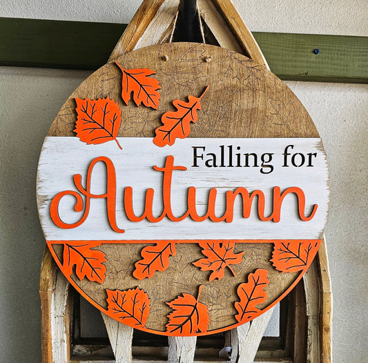 Falling For Autumn round wood layered sign