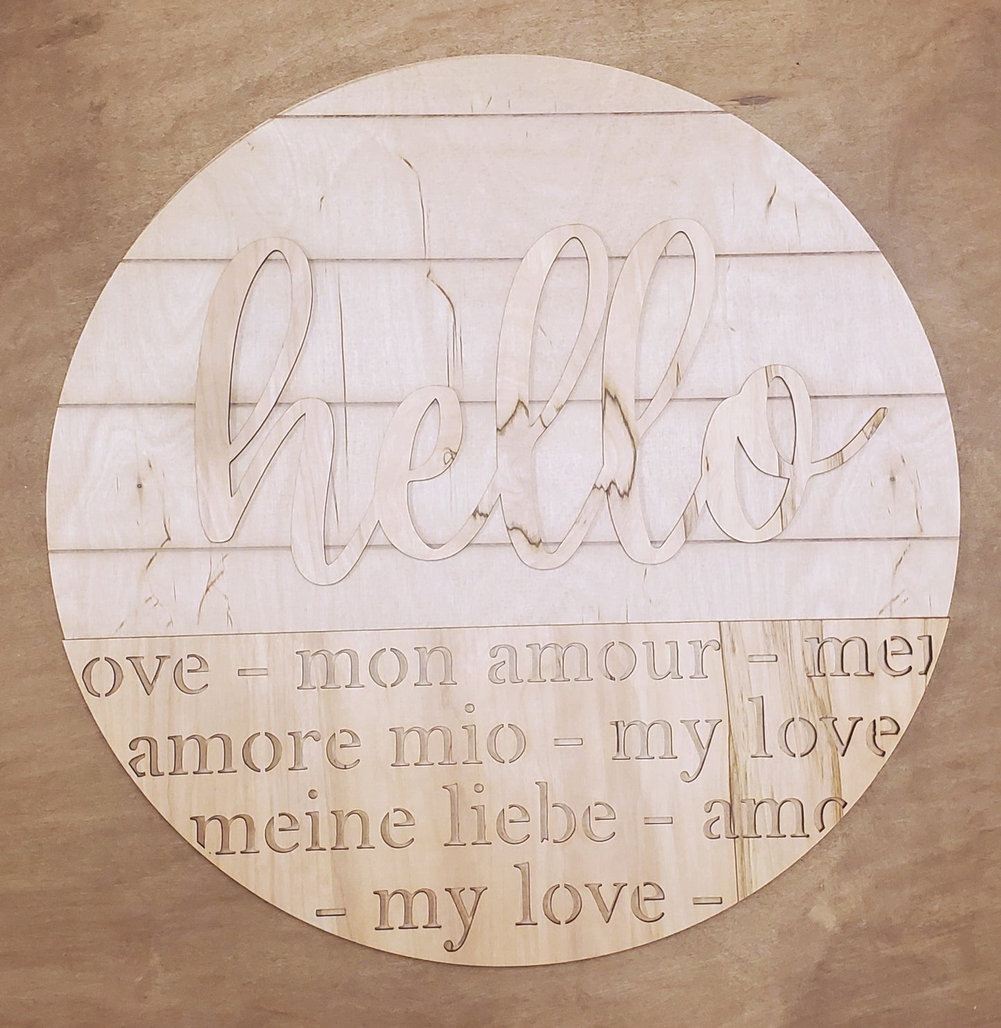 Hello Mon Amour round wood sign