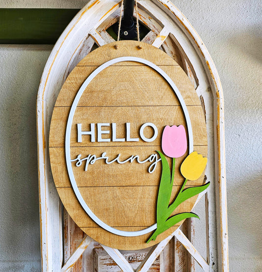 Hello Spring Tulip Design Oval Wood Sign