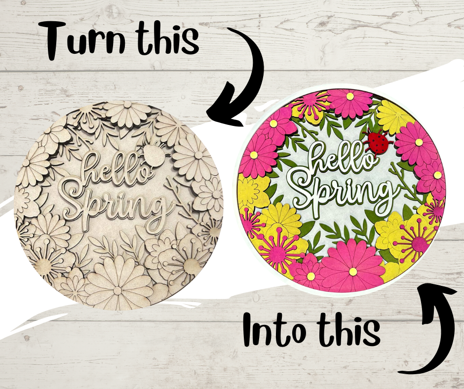 Hello Spring Floral Round wood sign