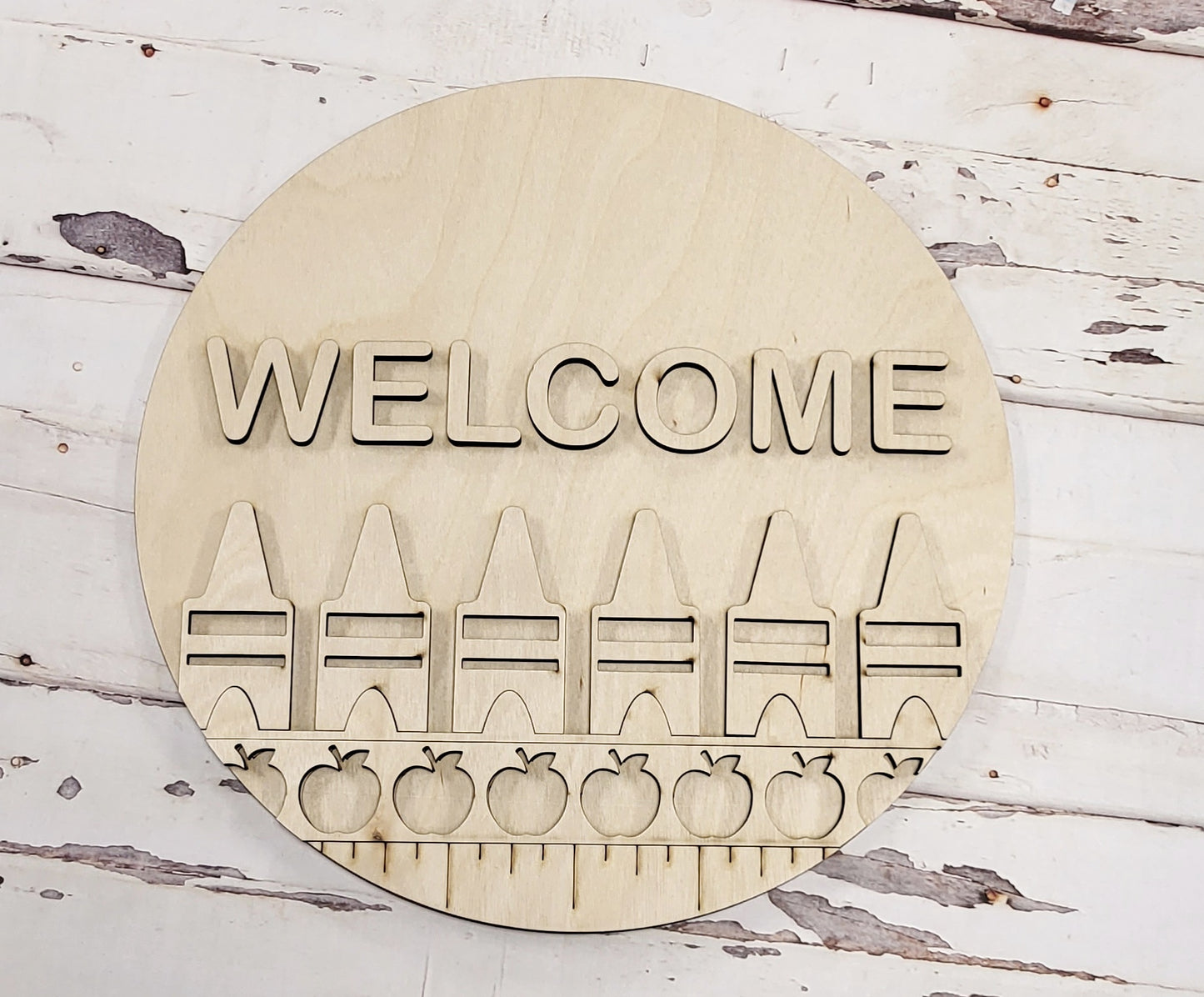 Crayon Welcome Round wood sign