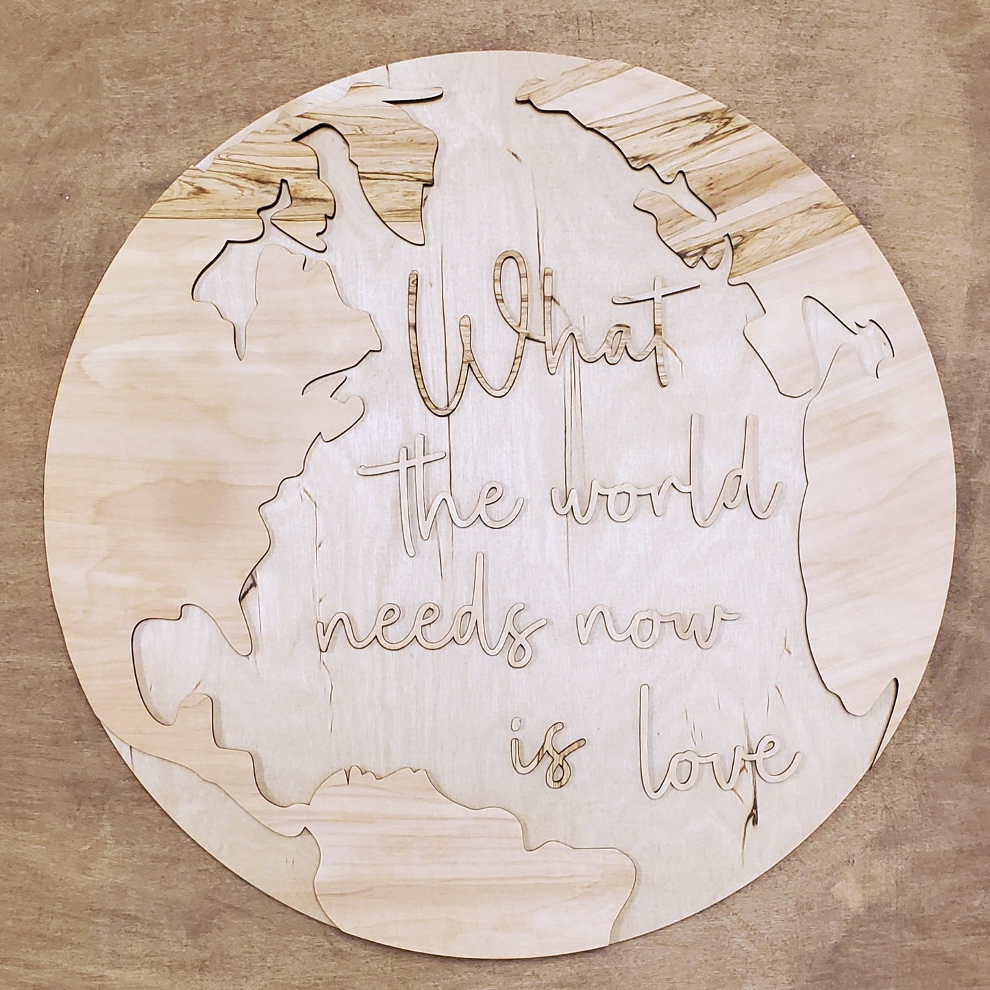 World Love round wood sign