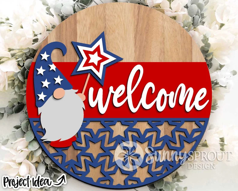 Patriotic Gnome Welcome round wood sign