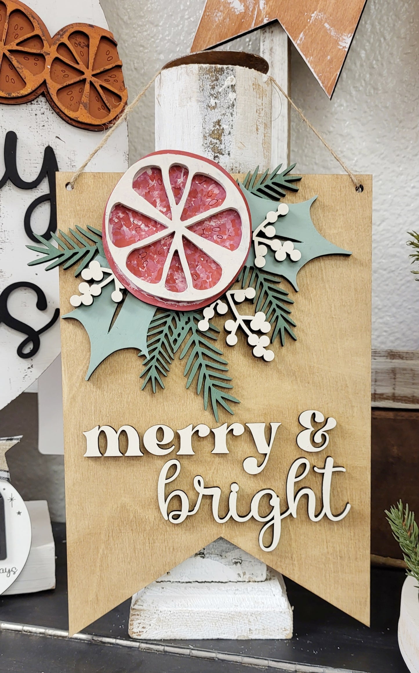 Merry & Bright wood hanging banner