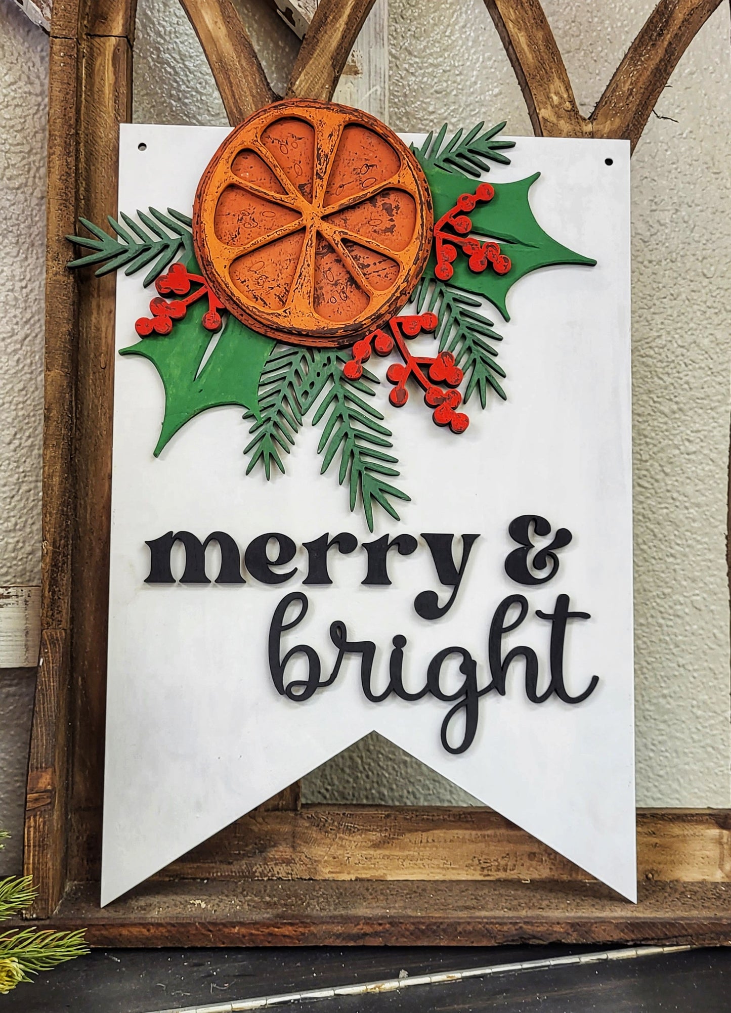 Merry & Bright wood hanging banner