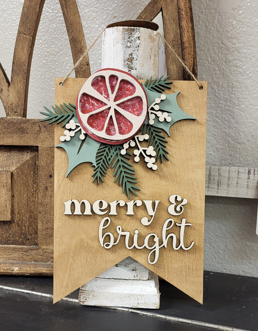 Merry & Bright wood hanging banner