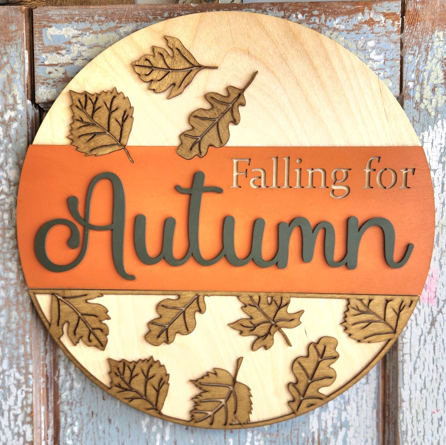 Falling For Autumn round wood layered sign