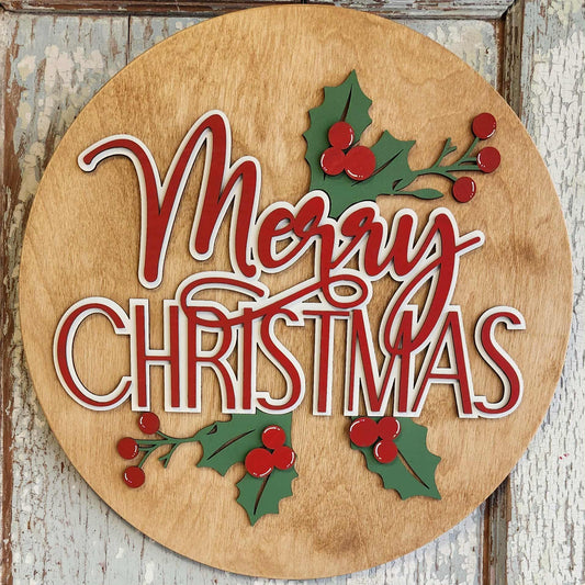Christmas Holly round wood sign