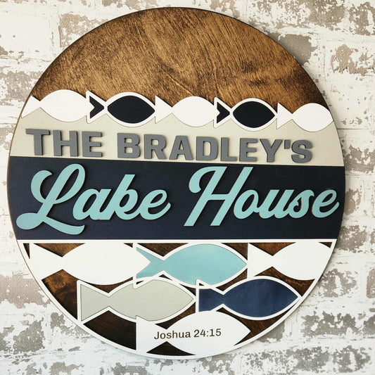 Welcome to The Lake House round wood sign
