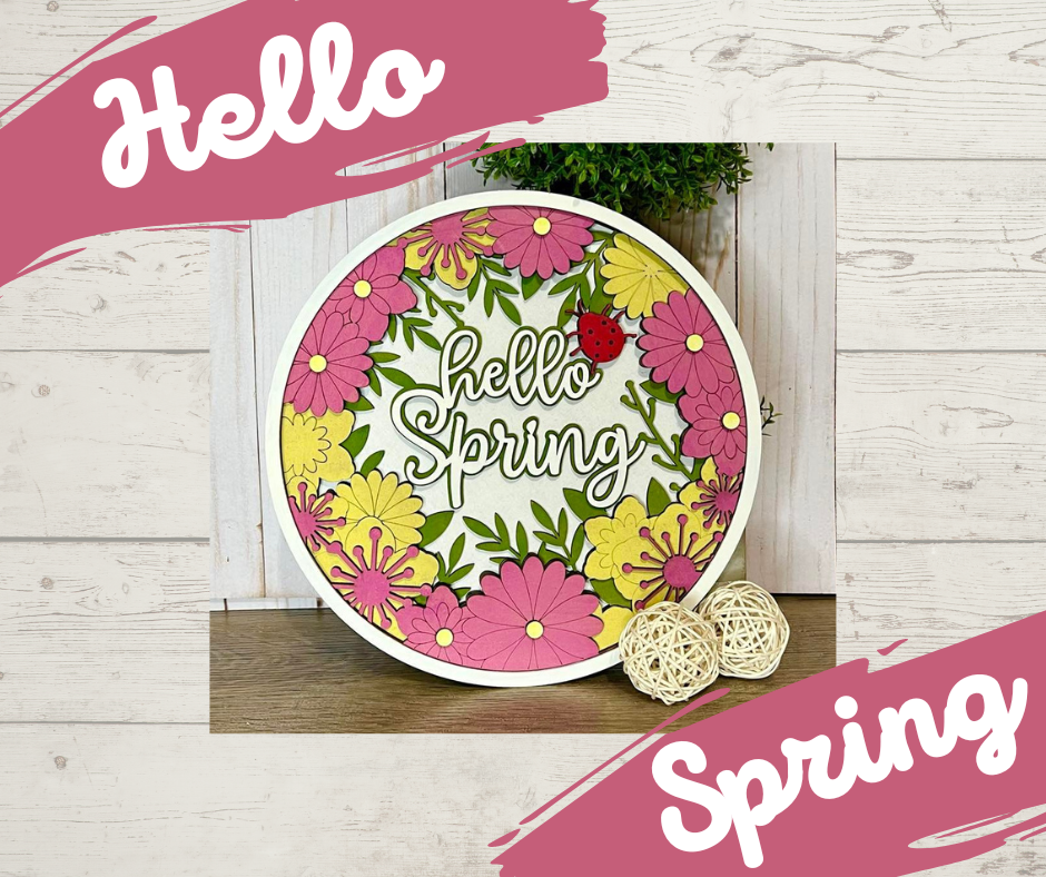 Hello Spring Floral Round wood sign