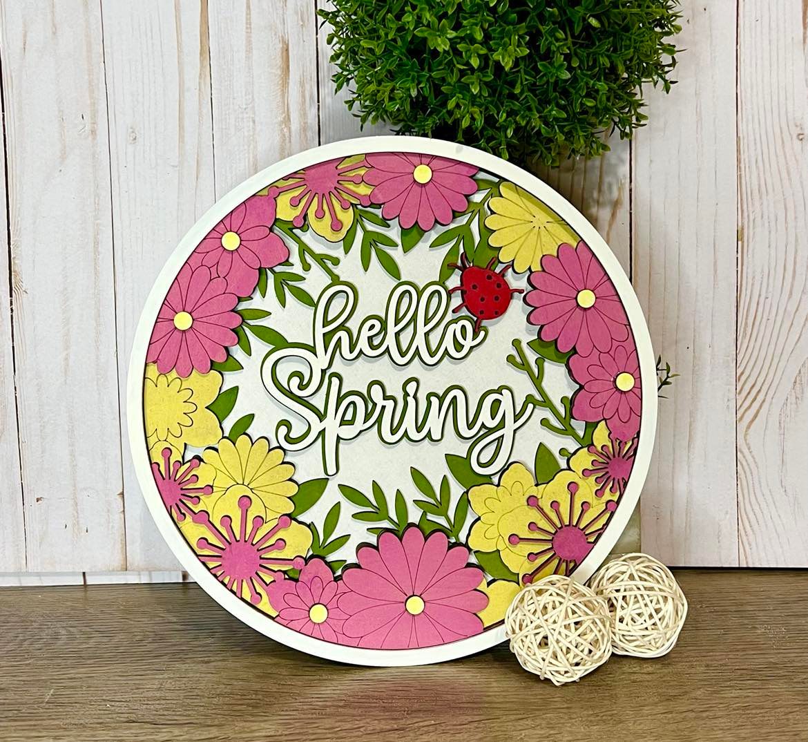 Hello Spring Floral Round wood sign