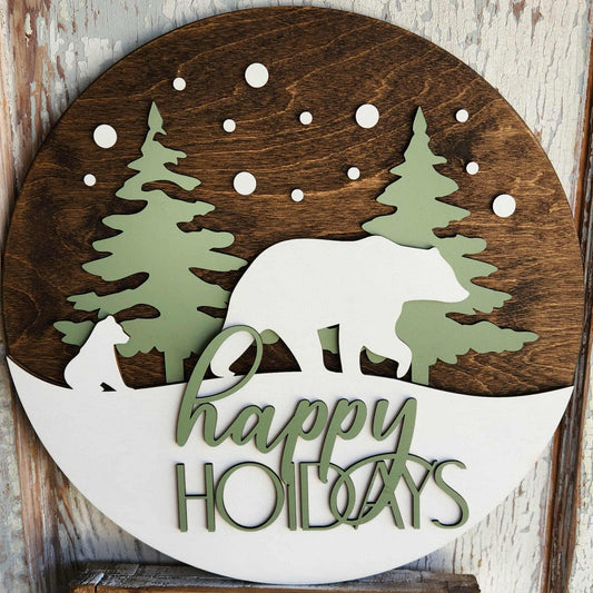 Happy Holidays Bears round wood sign