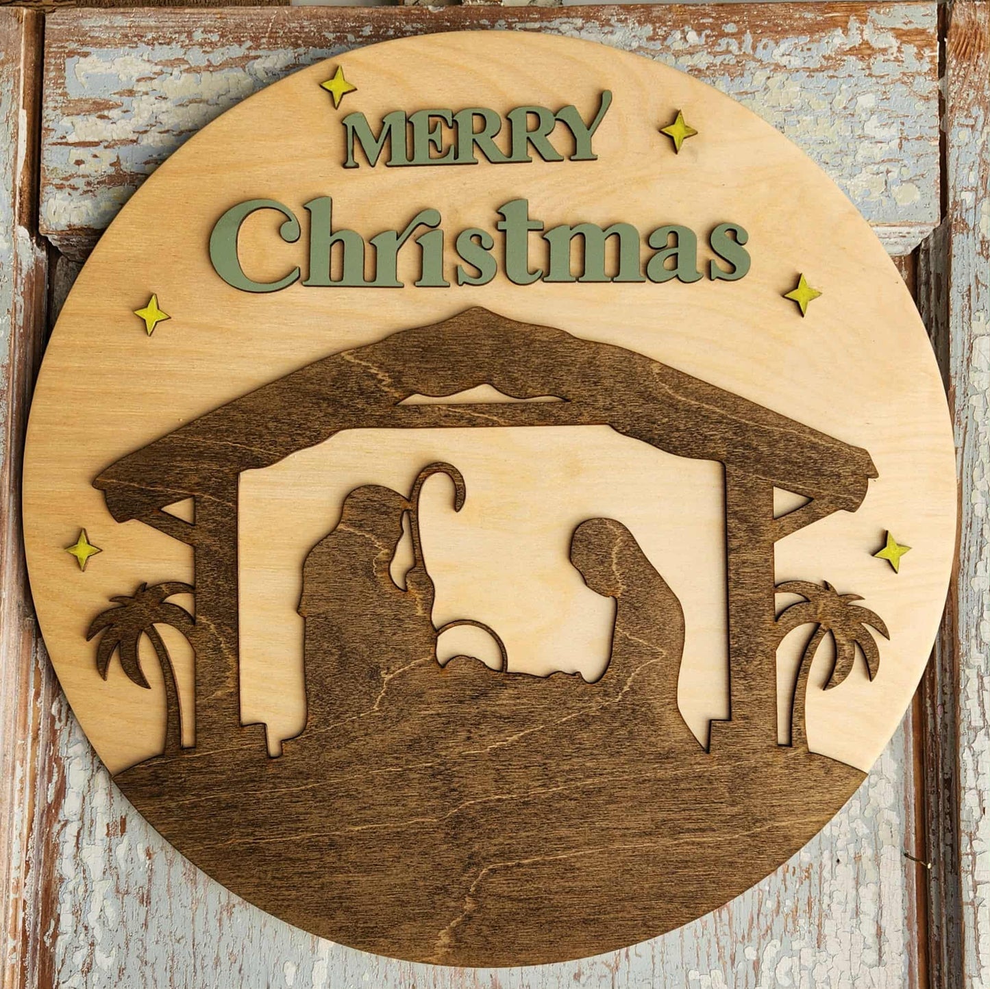 Christmas Nativity round wood sign