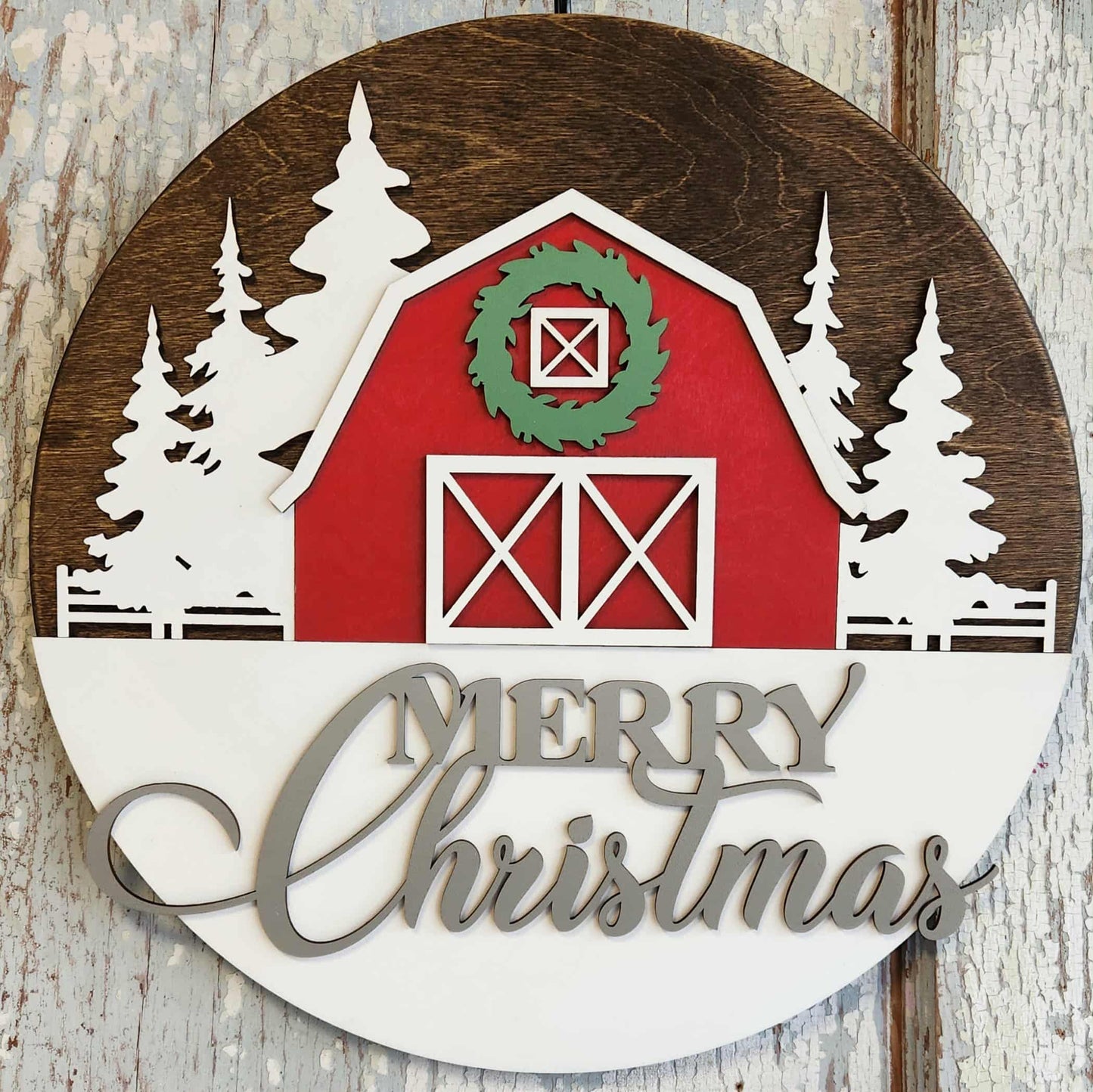Christmas Barn round wood sign