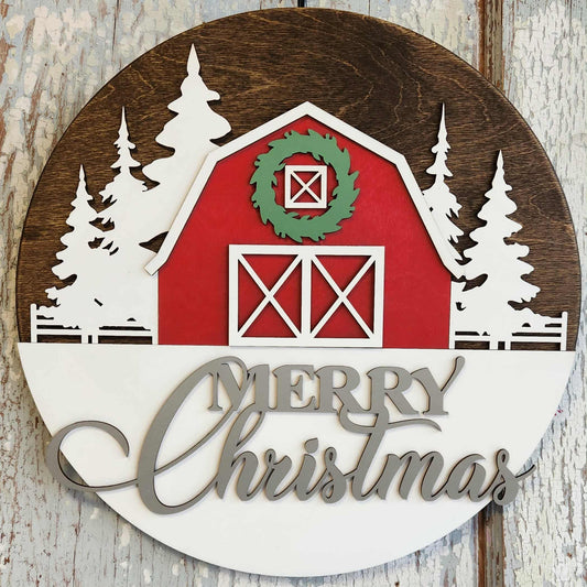 Christmas Barn round wood sign