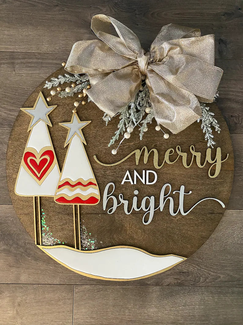 Merry and Bright Winter Scene round wood sign