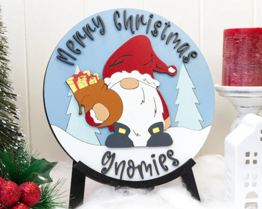 Merry Christmas Gnomes round wood sign