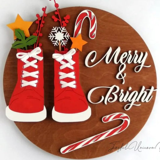 Merry and Bright Christmas Shoes round wood sign