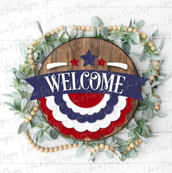 Patriotic Banner Welcome round wood sign